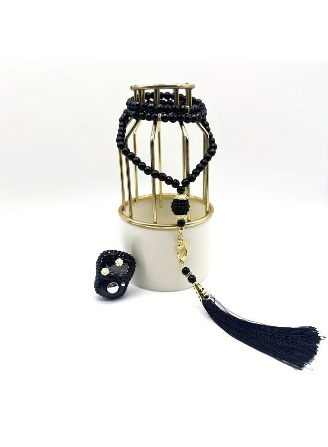 One Exquisite Beaded Set with Small Flower Finger Counter + Prayer Bead Bracelet Tasbih+ Keychain, Prayer Counting Bracelet, Warehouse Counter, Sports Step Counter, Suitable for Gifting at Festive Gatherings, Ramdan Gift For Loved Ones - Image 2